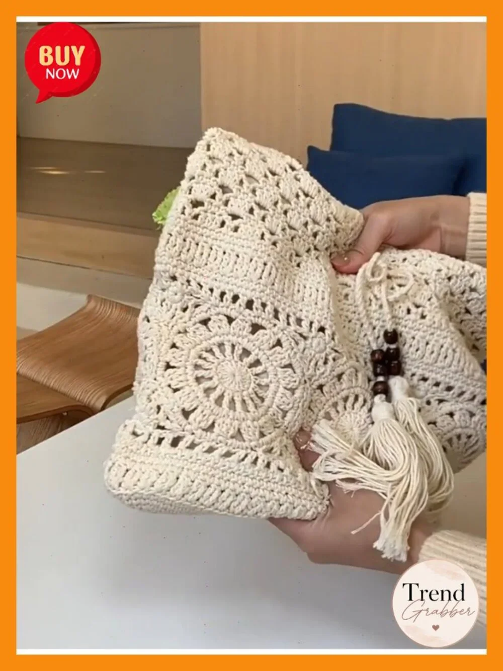 Boho Crochet Summer Handbag Handmade Cotton Rope Knit Shoulder Bag Tote Straw